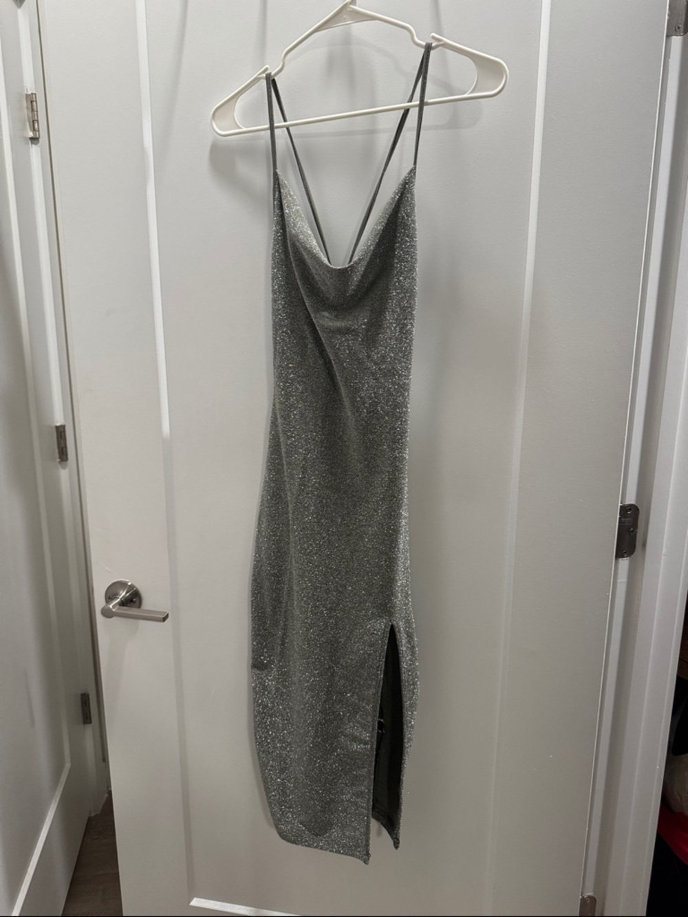 SHEIN Silver Sparkle Cowl Midi Slip Dress with Side Slit
